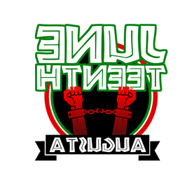 The Juneeteenth 奥古斯塔 logo composed of the word Juneteenth broken over two lines with teenth on a second line in green block font with th e line letters inside the blocks. A black circle with a green white and red outline has the upper half layered below Juneteenth with chained red arms raised vertically from the bottom of the cirlce toward the word Juneteenth. A black ribbon banner slightly overlaps the circles at the bottom with the word augusta in white block also with the line letters inside the blocks.